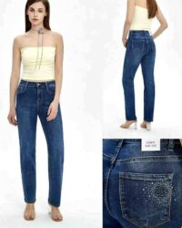 Oprijete jeans z rožo na žepu